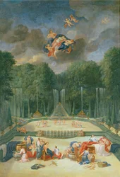Die Haine von Versailles. Blick auf das Wasser-Theater mit Nymphen, die darauf warten, Psyche zu empfangen